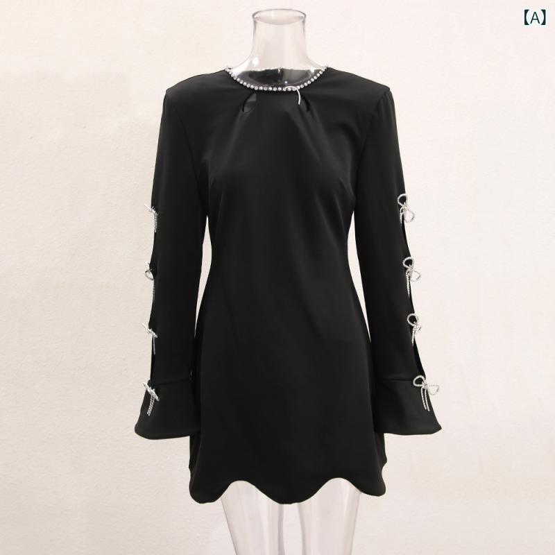 ワンピース レディース 長袖 ブラック 透け レース ジルコニア 蝶結び ウェーブ 裾 ショート丈 スタイリッシュ シルエット|SEIYUショップ