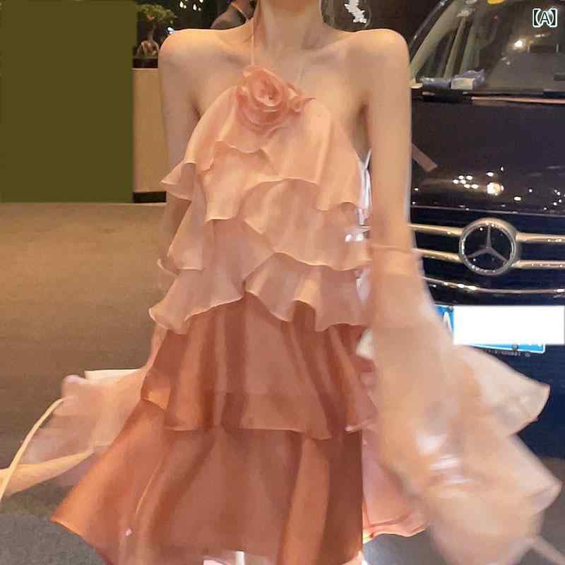 衣装 レディース サクラ色 ホルターネック スパゲッティストラップ フラウンス ラッフル フレンチ 表現スタイル ジェントル フォレスト 仙女 夏 当たること冷感 軽さ 伸縮性 吸湿速乾 御前上等感 ゆったり 取り合わせ押しかぶせる 気が大きい大きさ 体型押しかぶせる
