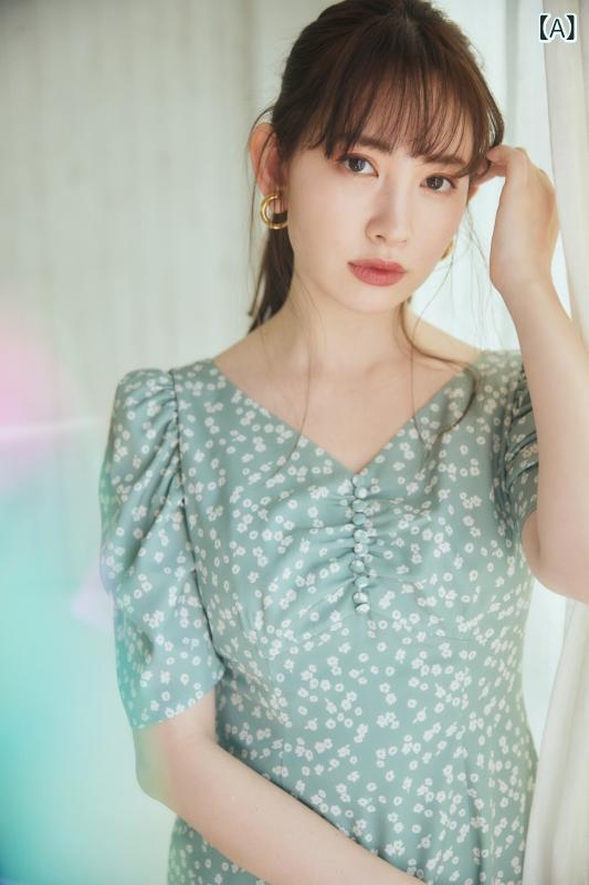 ワンピース レディース フラワープリント Vネック パフスリーブ ロング丈 フリル かわいい フレンチスタイル フェミニン 日常使い 軽やか｜SEIYUショップ