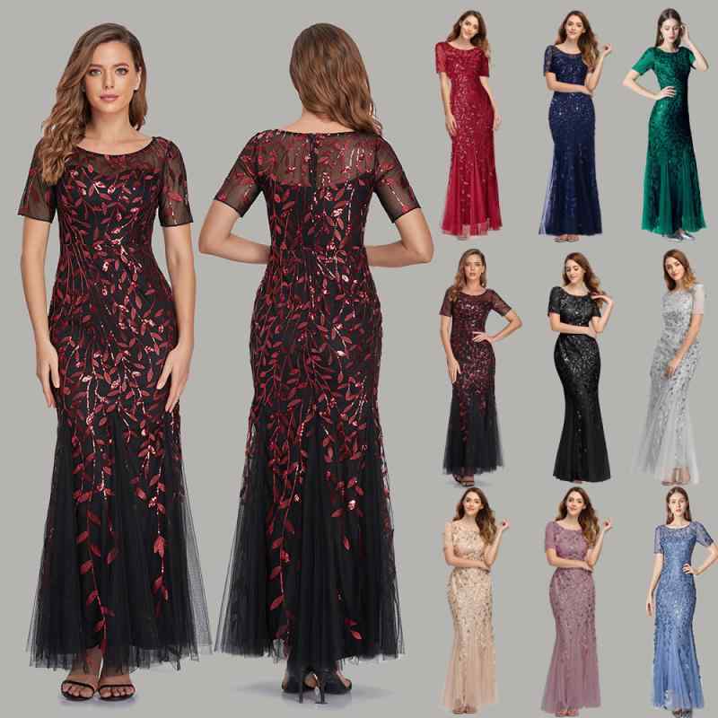 ワンピース レディース 春夏 パーティードレス マーメイド メッシュ スパンコール スリムフィット 高級感 光沢感 伸縮性 接触冷感 吸湿速乾 宴会用 体型カバー ゆったり 大きいサイズ おしゃれ スタイル レース フィット感 エレガント シルエット|SEIYUショップ