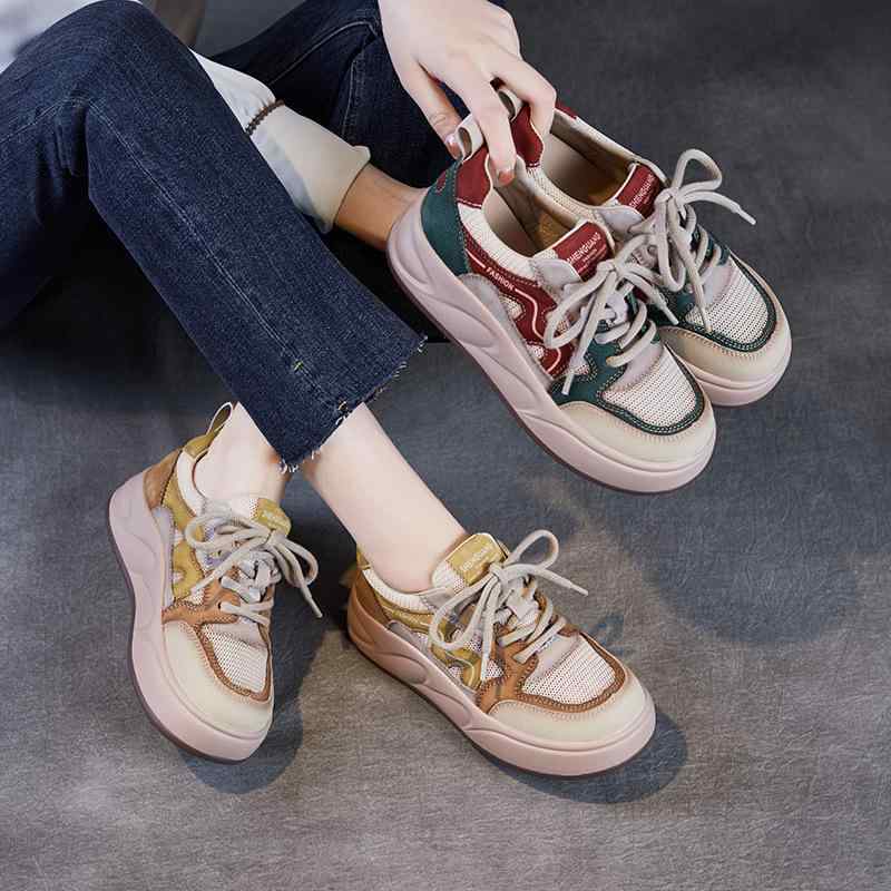 スニーカー 女性用 春夏 革 レザー メッシュ 厚底 ダッドスニーカー カジュアル 配色 コントラスト 快適 軽量 通気性 透湿 速乾 普段使い アウトドア スポーツ レトロ 復刻 厚底ソール メッシュアッパー クッション 衝撃吸収 滑り止め 耐久性|SEIYUショップ