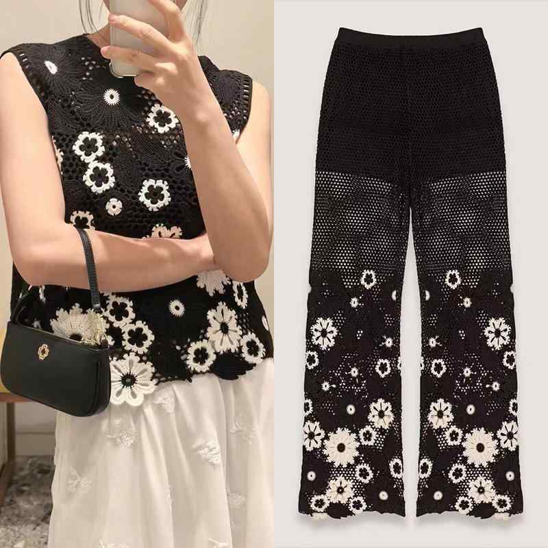 セットアップ レディース 上下セット ノースリーブ ニット トップス ロングパンツ 2点セット 花柄 かぎ針編み クルーネック メッシュ 透け感 通気性 伸縮性 春夏 カジュアル きれいめ 普段着 お出かけ 体型カバー ゆったり 細見え 大人かわいい お|SEIYUショップ