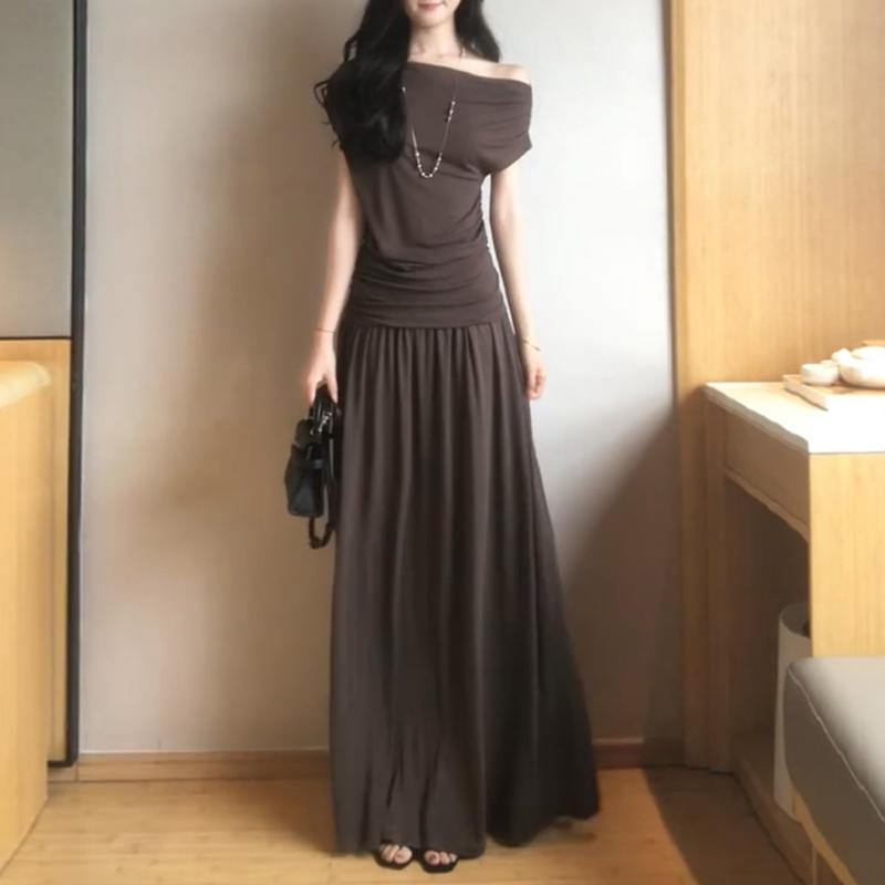 ワンピース レディース 春夏 ロングワンピース ドレス 斜め肩 ワンショルダー カシュクール風 切り替え ブラウン系 マキシ丈 丈長め 体型カバー 大きいサイズ ゆったり 着痩せ 細見え お腹周りカバー 上品 高級感 きれいめ カジュアル デート用 普段｜SEIYUショップ