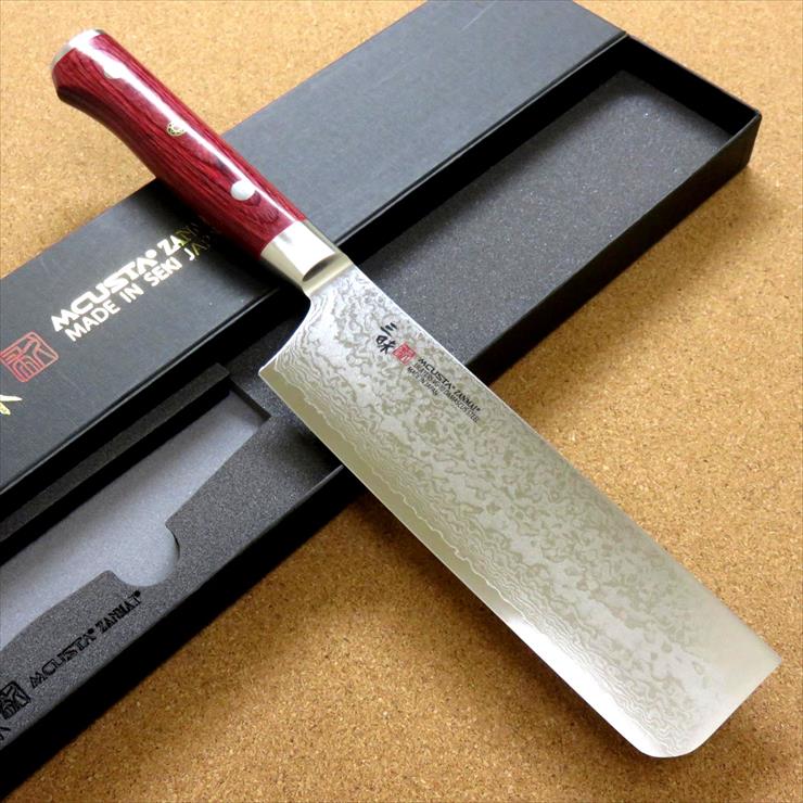関の刃物 菜切り包丁 16.5cm (165mm) MCUSTA ZANMAI 三昧 クラシック プロ ダマスカス 33層鋼 芯金VG-10 ステンレススチール 赤合板ハンドル 最高級 職人用の洋包丁 家庭用の野菜全般を切る両刃包丁 キャベツの千切り 大根のかつらむきなど 国産日本製｜関の刃物専門店SKKカトラリー