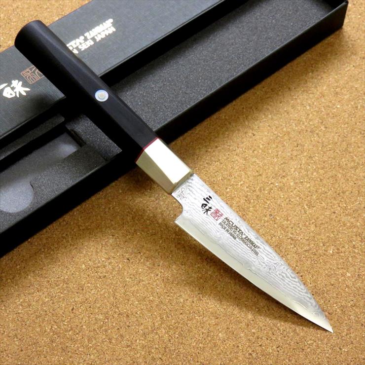 関の刃物 パーリングナイフ 9cm (90mm) MCUSTA ZANMAI 三昧 ハイブリッド スプラッシュ ダマスカス33層鋼 芯金VG-10 ステンレススチール 黒合板ハンドル 最高級 果物の皮を剥いたり種子を除去するなど、細かく複雑な作業に最適な両刃の小型包丁 国産日本製