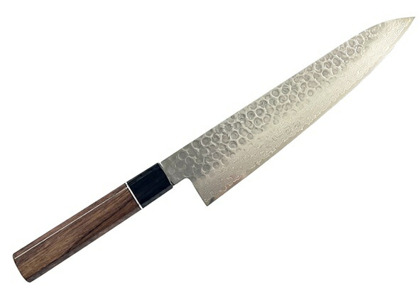 HIRO KNIVES  ヒロナイブズ\u003cBR\u003e十九代鉄次郎作 古都\u003cBR\u003e牛刀まかない方 240粍\u003cBR\u003e槌目 VG10シリアの首都鋼\u003cBR\u003e黒合わせ板口 さくら色八角茴香柄 \u003cBR\u003e【7-5-10018586】