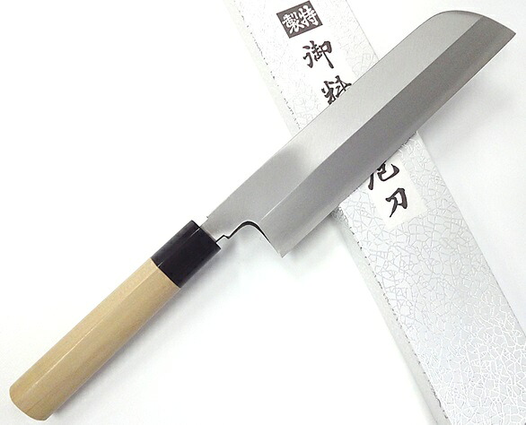 無印鎌型 薄刃包丁 本カスミ白紙安来鋼 水牛口 栗型柄225mm【17-10016508】｜関の刃物屋ＭＡＲＵＯＫＵネット