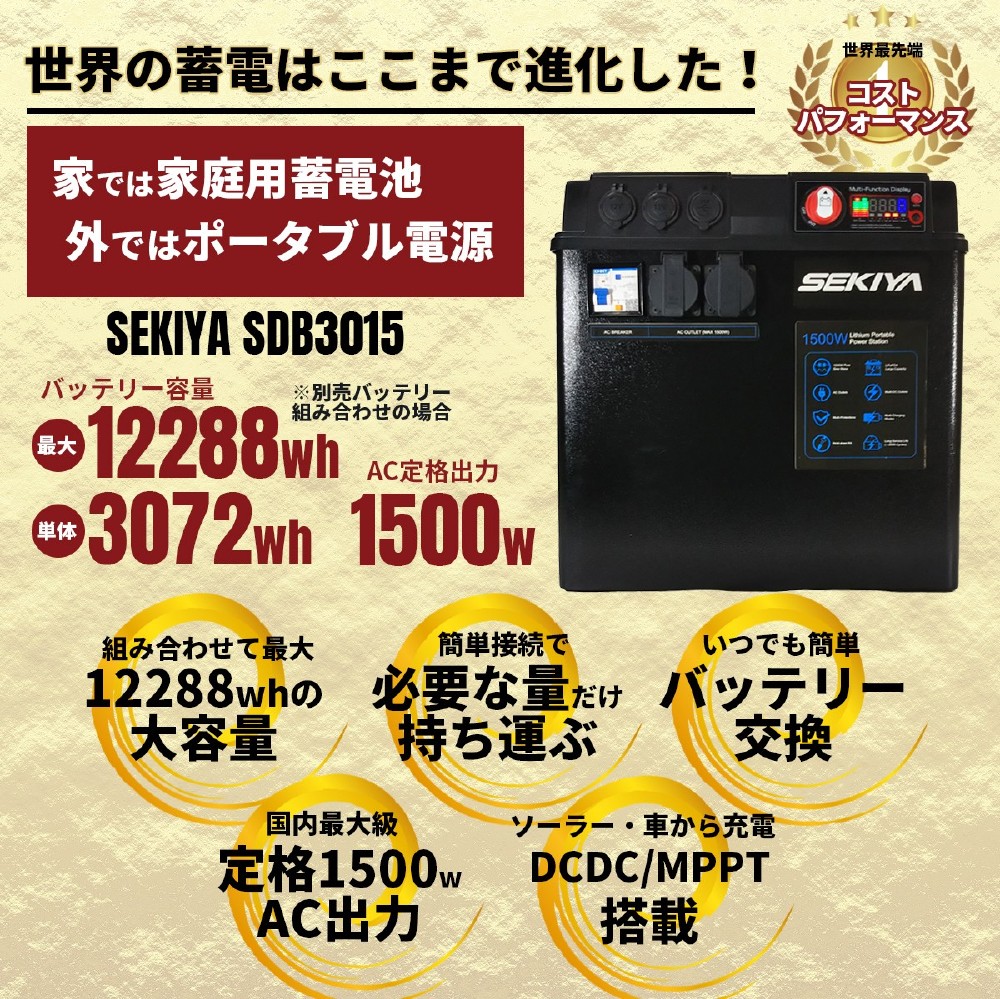 大容量 怪物 ポータブル電源 Sekiya Sdb3015 最大122wh容量 単体3072wh 1500w出力 Mpptソーラー接続 運転しながら充電もできるコントローラー付 停電 Fit終了 電気代節約 非常用電源 ソーラー 小型発電機 Deerfieldtwpportage Com