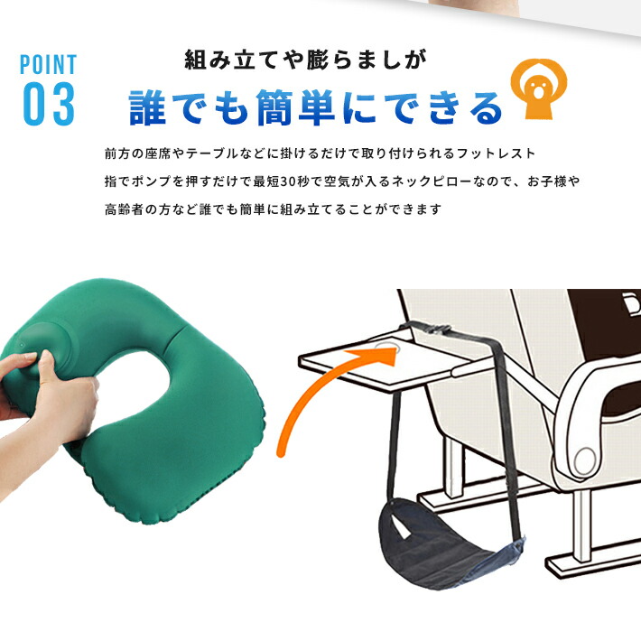 楽天市場 ネックピロー フットレスト アイマスク 耳栓 4点セット 指押しポンプ式 簡単空気注入 飛行機 車 旅行 トラベル 福袋 Seleco