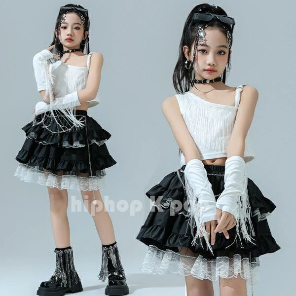 【最安挑戦！55%OFF＆9899円→5185円!】キッズ ダンス衣装 女の子 セットアップ キッズ ダンスウェア hiphop K-pop へそ出し トップス 黒スカート ステージ衣装 jazz 原宿系 かわいい 運動会 応援団 クラス活動 上下セット 110 120