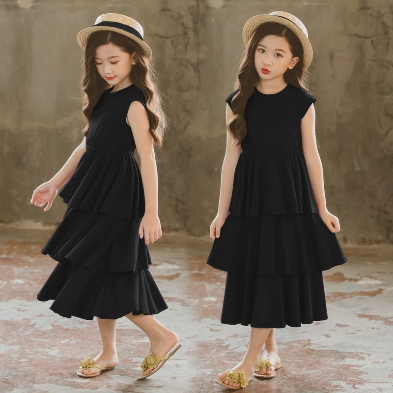 【最安挑戦！55%OFF＆16086円→8426円!】子供 ワンピース ノースリーブ ロング丈 女の子 キッズ 可愛い ゆったり ビーチ きれいめ カジュアル おしゃれ 子ども服 女児 可愛い ジュニア服 卒園式/入学式/パーティ ブラック 夏 子供服 無地