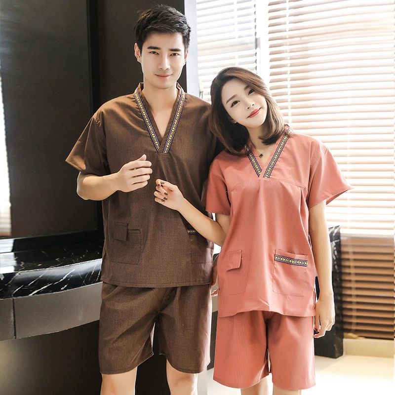 【最安挑戦！55%OFF＆16271円→8523円!】サウナ服 バスローブ ルームウェア メンズ レディース トップス+半ズボン 半袖 Vネックス ホテル 温泉 ペア カップル ゆったり ユニセックス 大きいサイズ 部屋着 寝巻き 単品売り 綿麻混 麻・リネン