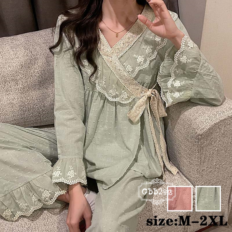 【期間限定17%!9,950→8,292円 5/16まで】パジャマ レディース 長袖 上下セット 春秋 レース 切り替え パジャマ 大きいサイズ ナイトガウン 部屋着 おしゃれ 可愛い 寝巻き ナイトウェア ピンク グリーン M L XL 2XL セットアップ ルームウェア