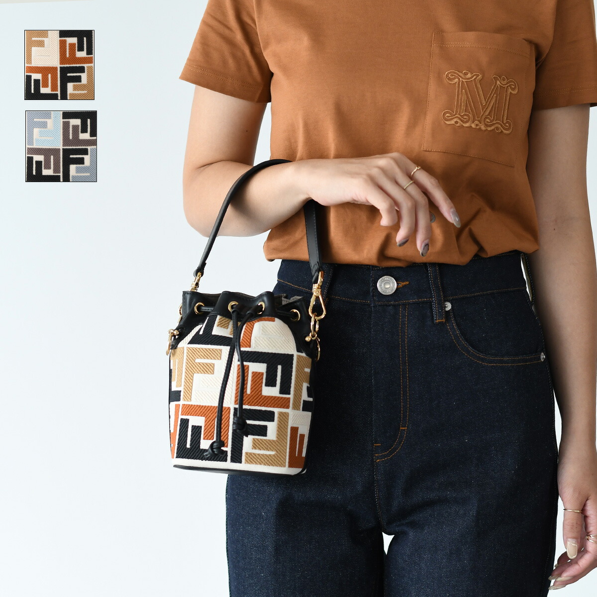 FENDI フェンディ バッグ ハンドバッグ ショルダーバッグ 8BS010ARC3 モン トレゾール マルチカラーキャンバス ミニバッグ FF刺繍 ブルー ベージュ ブラウン ブラック 総柄 ギフト
