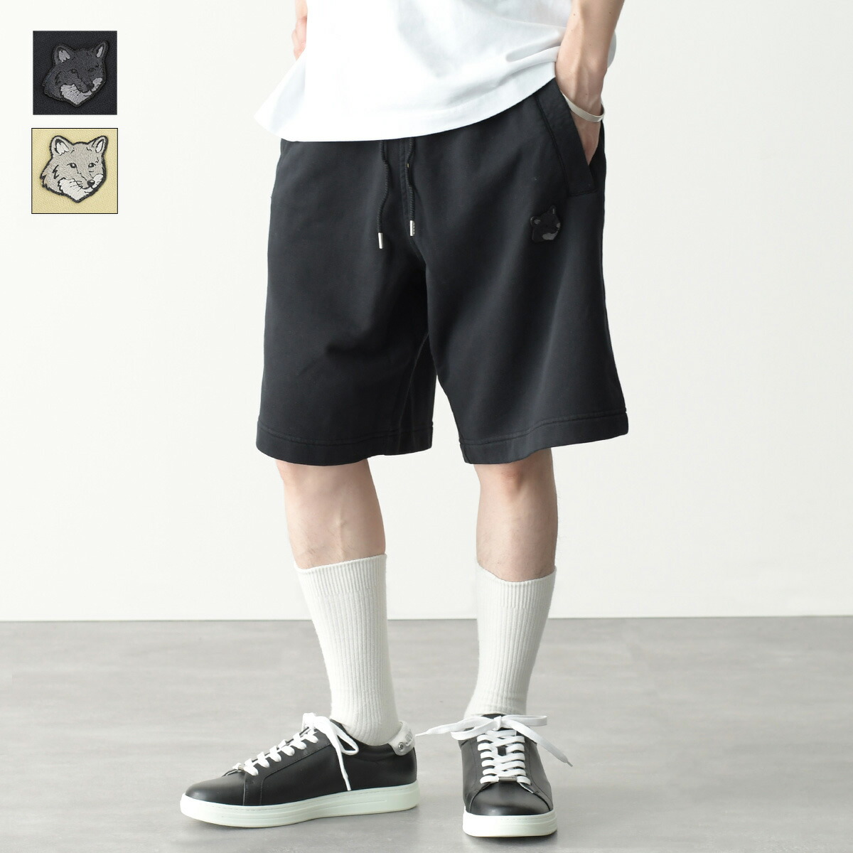 MAISON KITSUNE メゾン キツネ ボトムス パンツ ハーフパンツ フォックスヘッド パッチ オーバーサイズ ジョグショーツ MM01121KM0001 メンズ ブラック ベージュ アイボリ