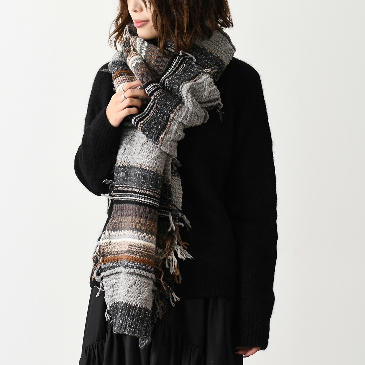 CHLOE クロエ ロングワイドマフラー CHC22AME01620 レディース 女性 GREY MULTICOLOUR グレー マルチカラー マフラー カシミア ウール カシミヤ ステッチ ストライ
