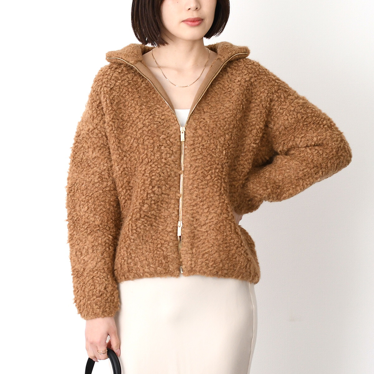 【残りわずか】Max Mara Studio マックスマーラ ステゥディオ トップス OGGETTI ブークレ ハイネックジップ カーディガン 6346062600 レディース ブラウン アルパカ ニット タートル ファスナー開閉 秋冬 防寒 おすすめ 45,370円