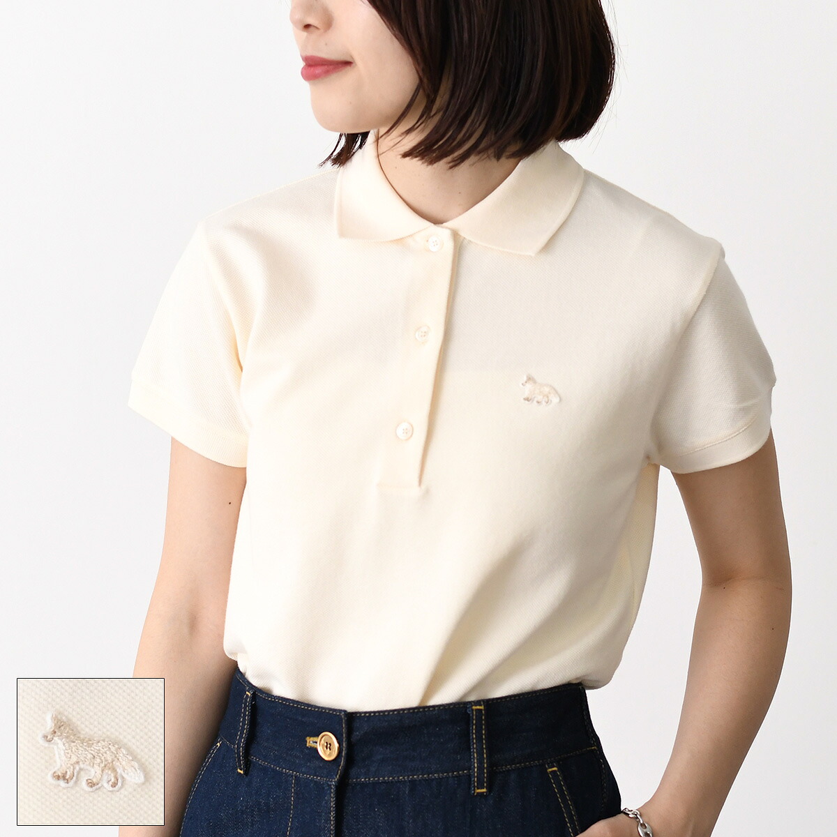 MAISON KITSUNE メゾン キツネ ポロシャツ トップス ベイビー フォックス クロップド ポロ レディース ベージュ ワンポイント コットン 半袖 クロップドフィット ロゴ 刺しゅう PW00204 KP0001|セレクトショップFELICE