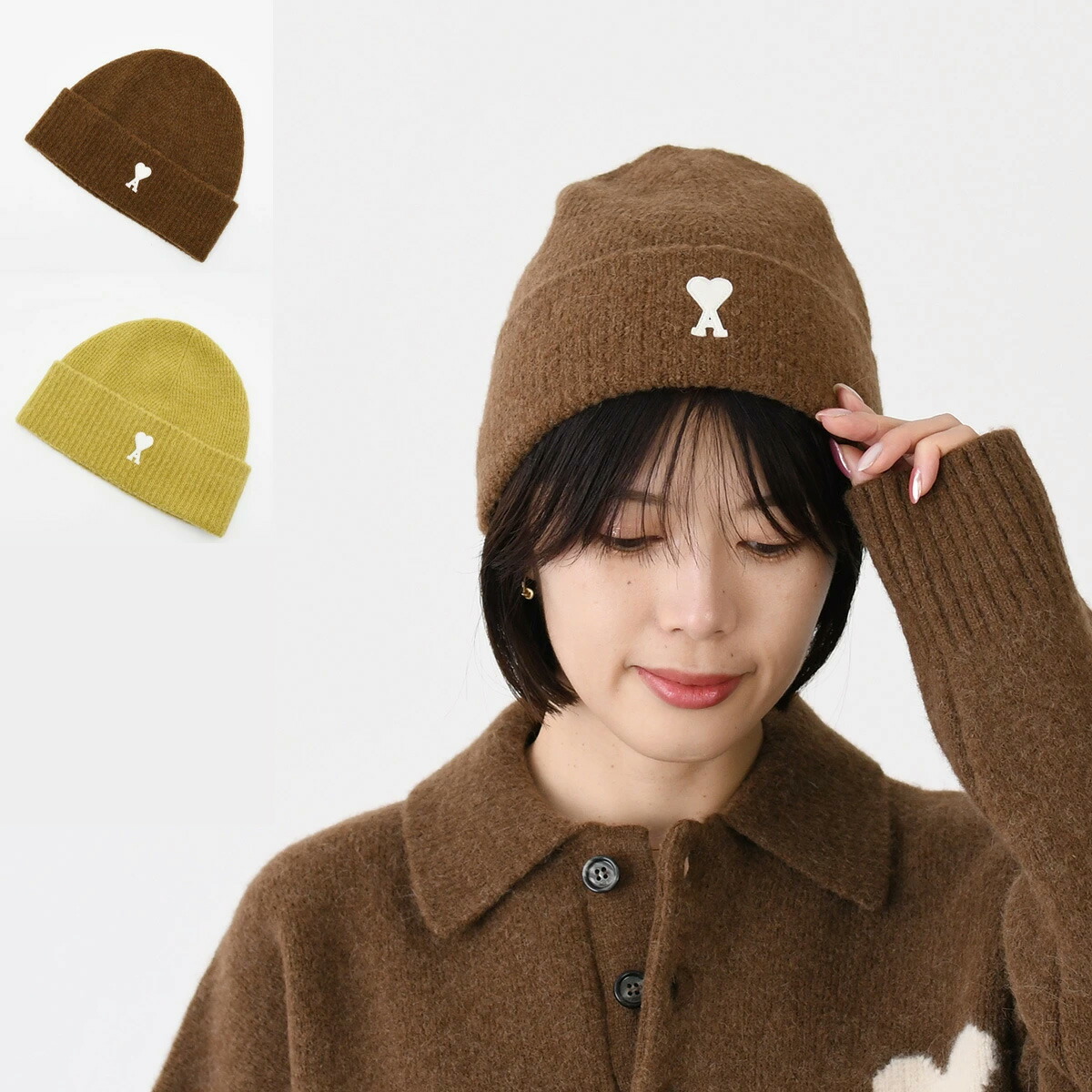 AMI ALEXANDRE MATTIUSSI AMI DE COEUR アミパリス 帽子 ニット帽 UBO005 KN0135 CLOUDY ビーニー ユニセックス レディース ブラウン ヘーゼルナッツ ライムグリーン パウダー アルパカ混 ウール混 秋冬