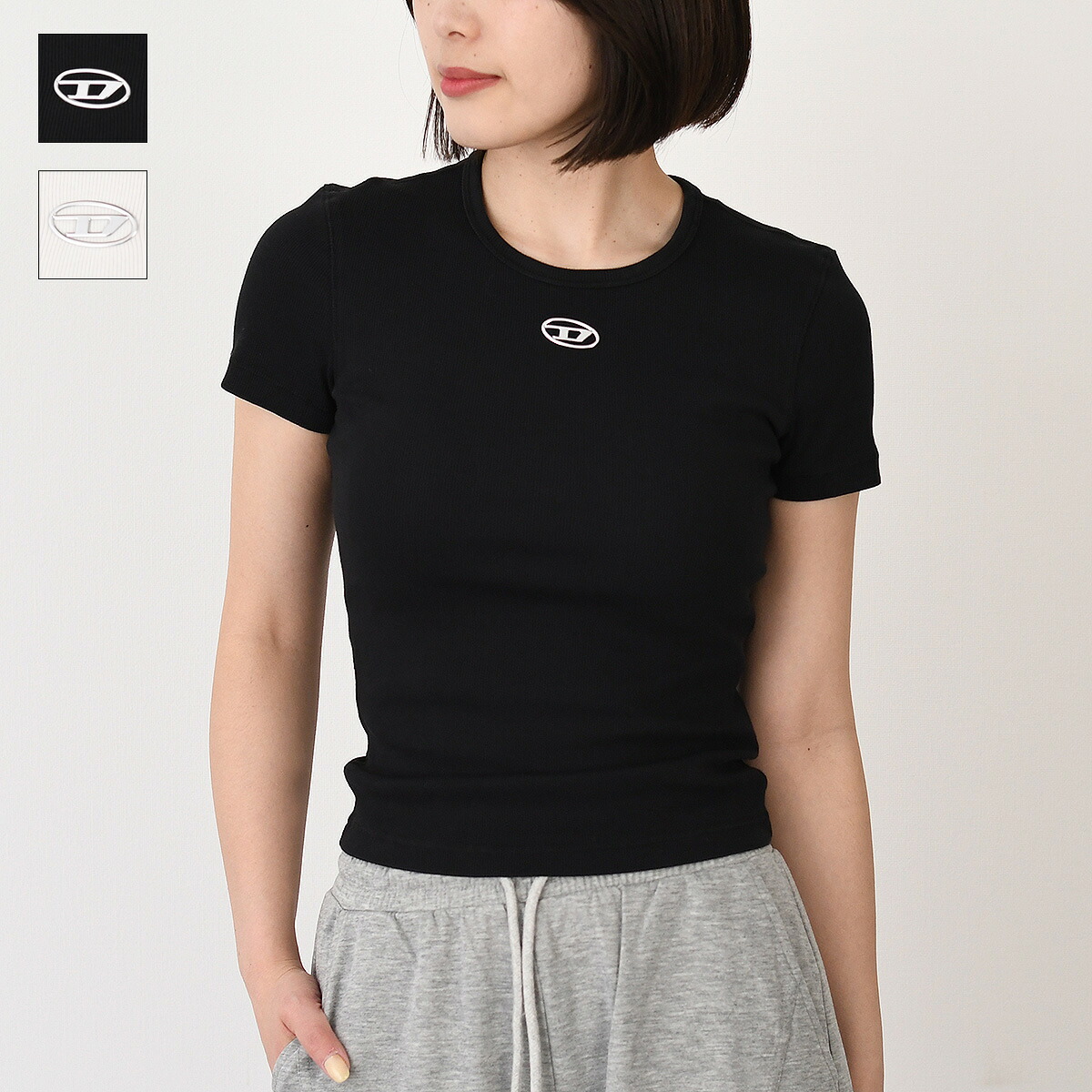 【26SS新入荷】DIESEL ディーゼル トップス カットソー T-ELE-LONG-OD Tシャツ A19910 0JMBA レディース ブラック ホワイト コットン オーバルD スリムフィット ストレッチ 半袖 0317snscp modest