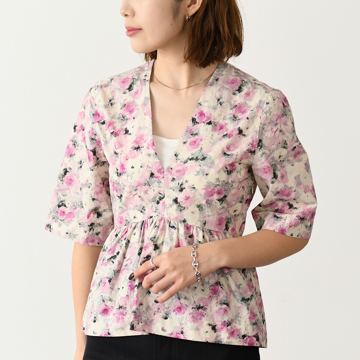 GANNI 花柄プリーツブラウス　美品 極美品 GANNI プリーツブラウス シャツ 近年 花柄 長袖 ピンク M
