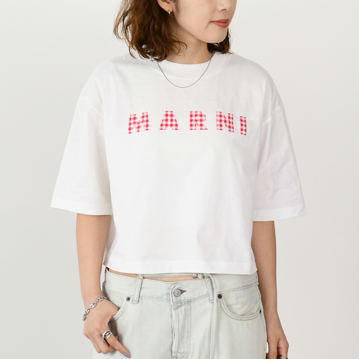 ホワイト ジャージーTシャツ、マルニスクリブルロゴ入り | Marni