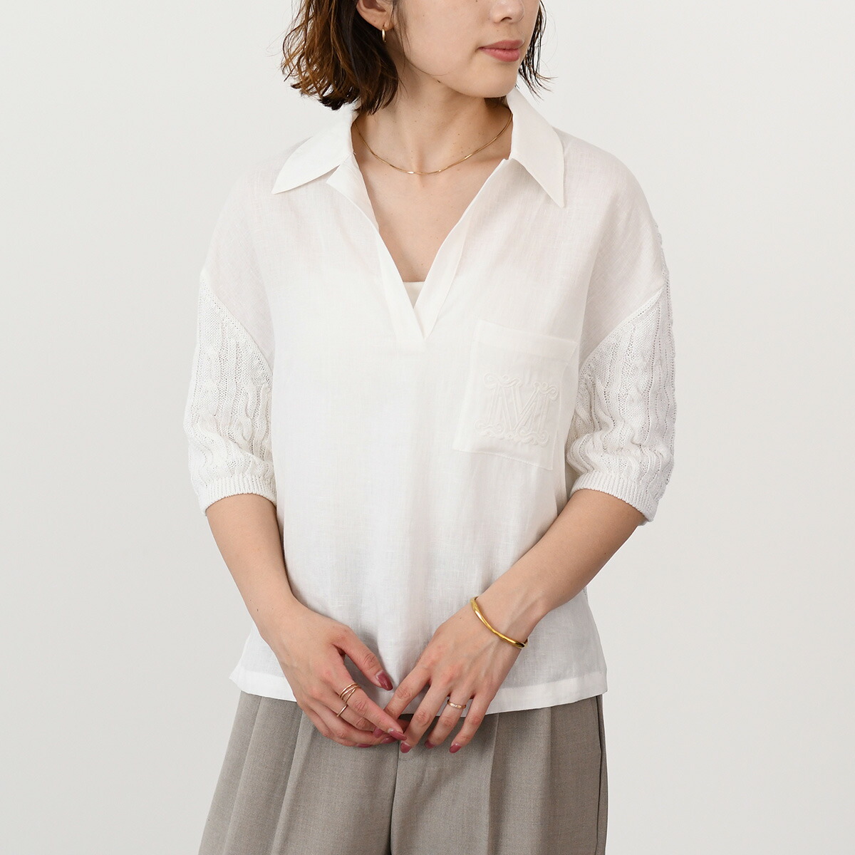 Max Mara マックスマーラ トップス ニット PAVIDI パヴィディ ピュア リネン ポロ 2511361042600 レディース ホワイト 半袖 ケーブル編み ドロップショルダー ニットシャ