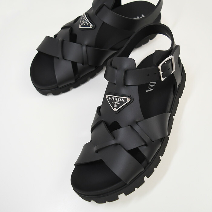 PRADA プラダ サンダル 靴 シューズ ラバー クロスサンダル 2X3118 3LKK メンズ ブラック トライアングルロゴ アンクルストラップ フラットサンダル 春 夏