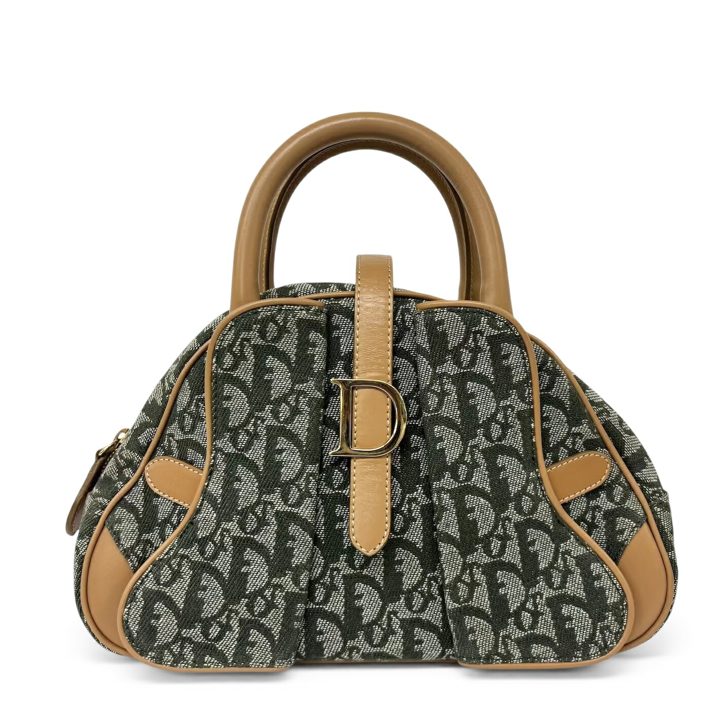 Christian Dior クリスチャンディオール トロッター ハンドバッグ バッグ グリーン×ベージュ キャンバス レザー レディース PZ0901