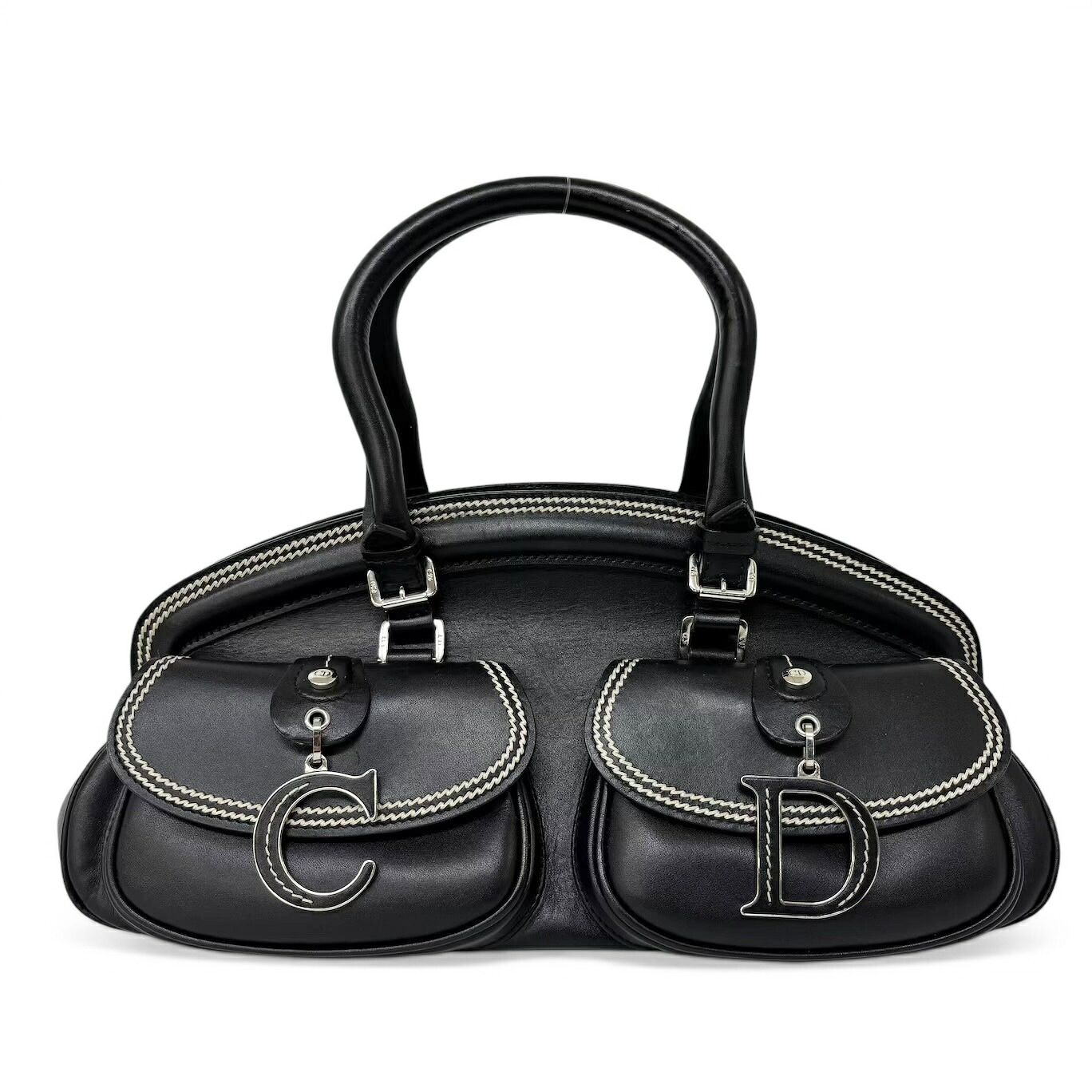ディオール Dior CDロゴ ヴィンテージ ミニボストン ハンドバッグ レザー 黒 CFS44061