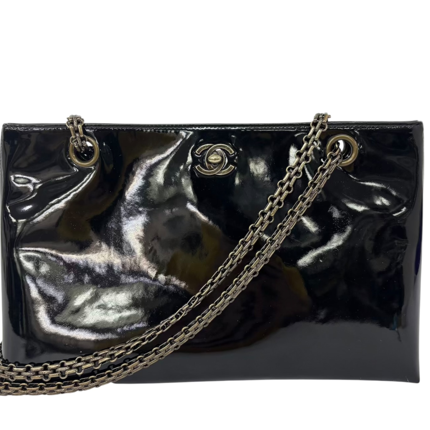 CHANEL シャネル ココマーク チェーンショルダー チェーントート トートバッグ エナメル パテントレザー ブラック 6番台 レディース|Selectfew 店