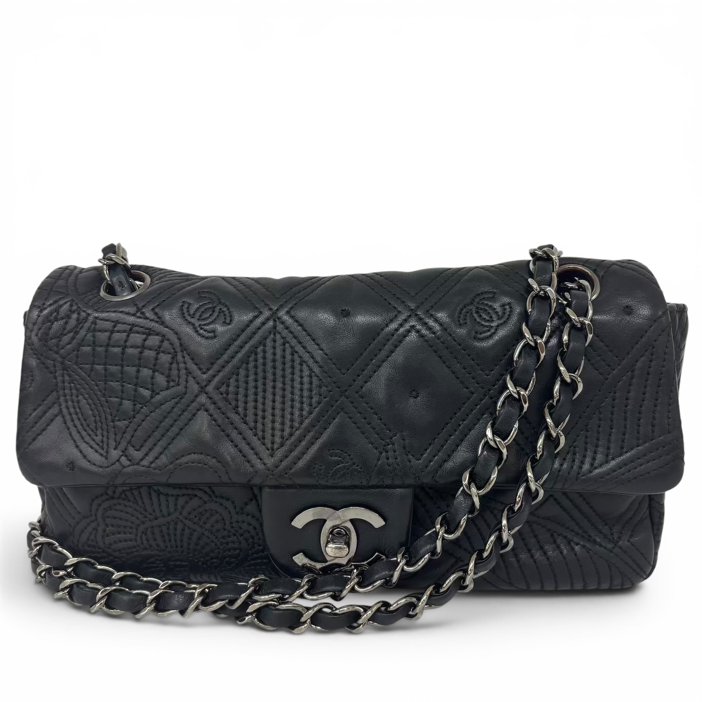 CHANEL シャネル アイコン カメリア編み目 Wチェーン店ショルダーバッグ 子ヒツジひと肌 黒いこと しろがね色金具 レディース