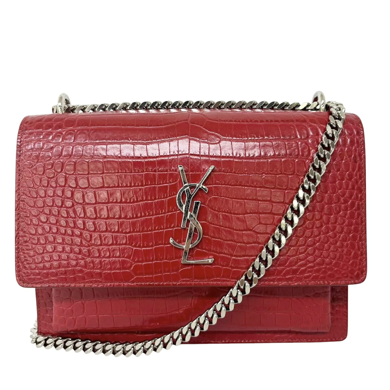 SAINT LAURENT サンローラン サンセット クロコ型押し チェーンショルダーバッグ レッド レディース|Selectfew 店