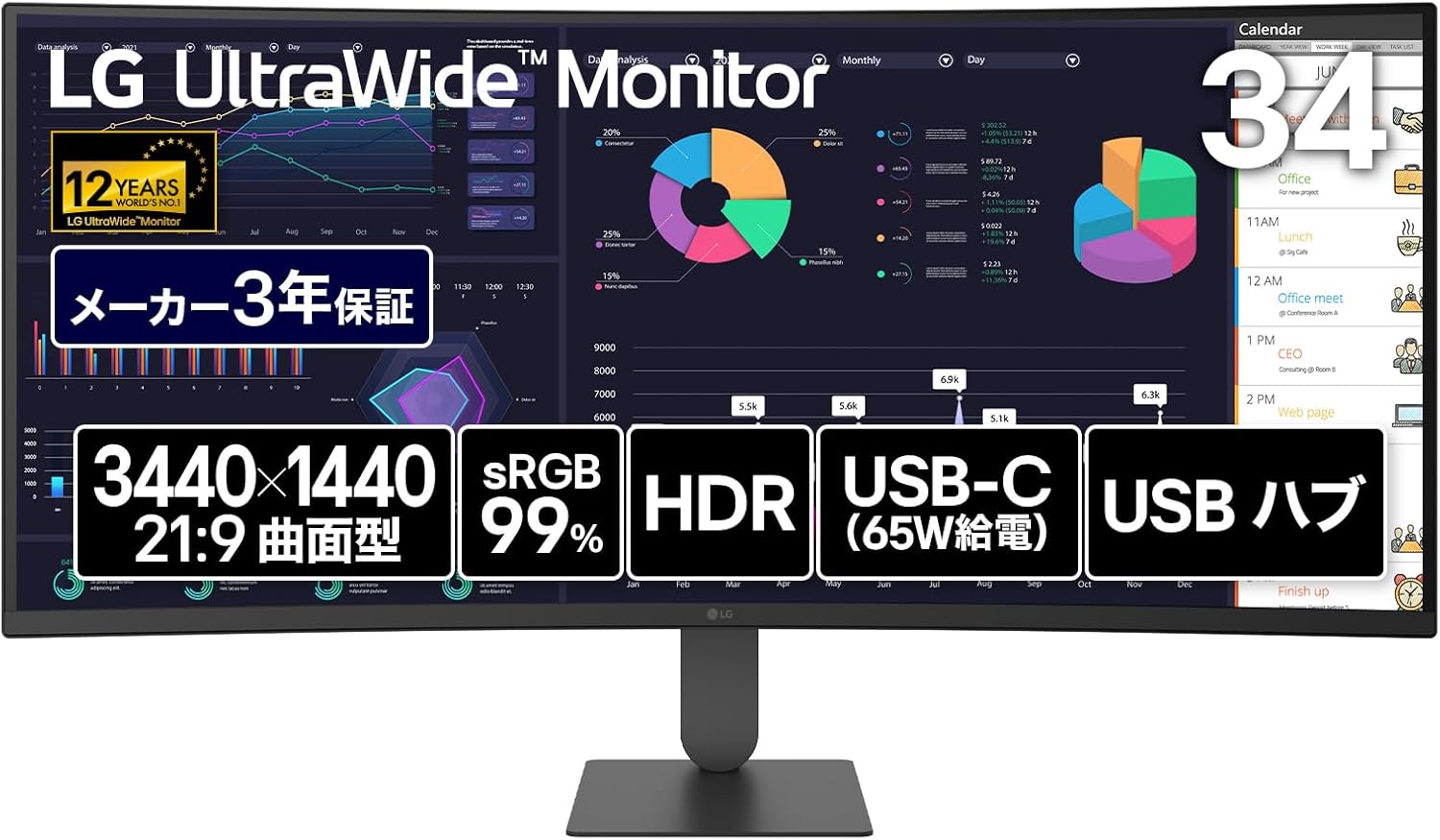 LG ウルトラワイドモニター LG UltraWide Monitor 34U640B-B 34インチ 曲面(1800R)/3440×1440/VA/約10.7億色表示/sRGB 99%/HDR/144Hz/VRR/アンチグレア/フリッカーセーフ/ブルーライト低減モード/省電力モード/HDMI×2/DisplayPort/USB Type-C(最大65W)|セレクトストアレインボー