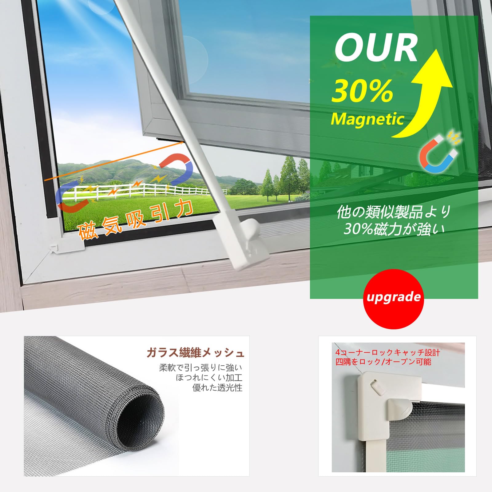 小窓付きDIYマグネット網戸、サイズは裁断小 (白枠+灰ネット145X89cm)｜selectable