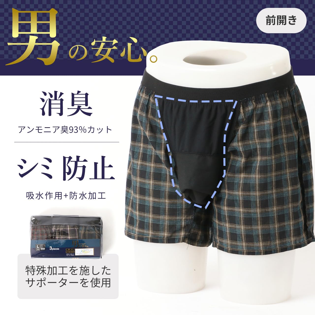 [男の安心] オトコノアンシン トランクス メンズ 前開き 尿漏れ M～6L 大きいサイズ 3枚組 消臭 吸収パッド 付き 3枚セット 下着 パンツ 失禁パンツ 尿漏れ 尿ジミ プレゼント レッド・グリー｜selectable