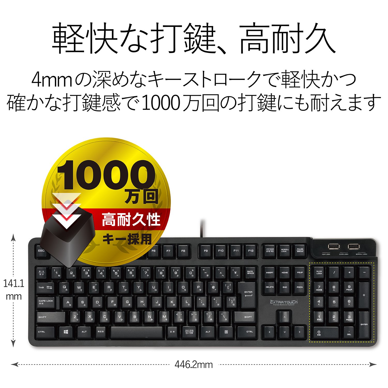 エレコム キーボード 有線 プレミアムメンブレン フルキーボード 1000万回高耐久 メカニカルライク USB2ポート付 ブラック TK-FCM094HBK｜selectable 8,932円