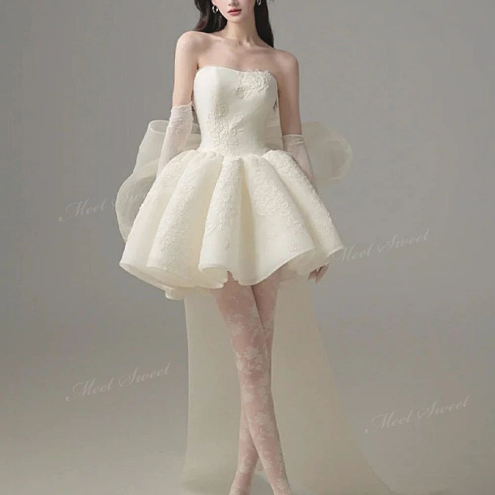 ウェディングドレス リボン ミニ ショート丈 ミニドレス レース 二次会 結婚式 前撮り 発表会 誕生日 ドレス 花嫁 ウエディングドレス ボリューム 海外挙式 パーティードレス ブライダル フォトウェディング 可愛い 蝶結び ショートドレス｜セレクトギアマーケット
