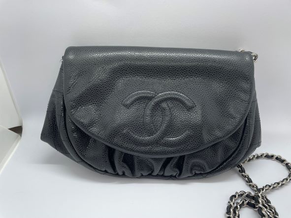 中古 シャネル バッグ SELECTHOUSE☆セレクトハウス ハーフムーン ショルダーバッグ 黒 キャビアスキン 斜め掛けチェーン 二重で肩掛け クラッチ 3Way