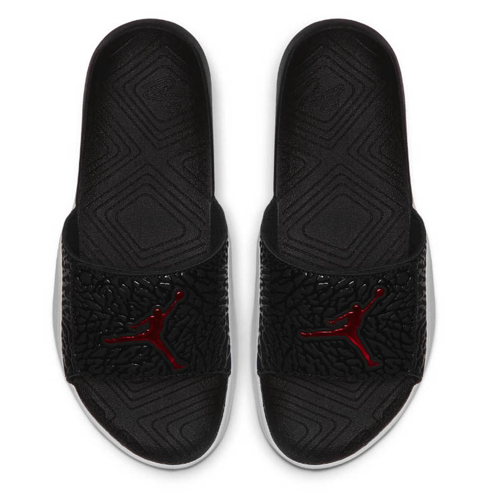 red and black jordan flip flops
