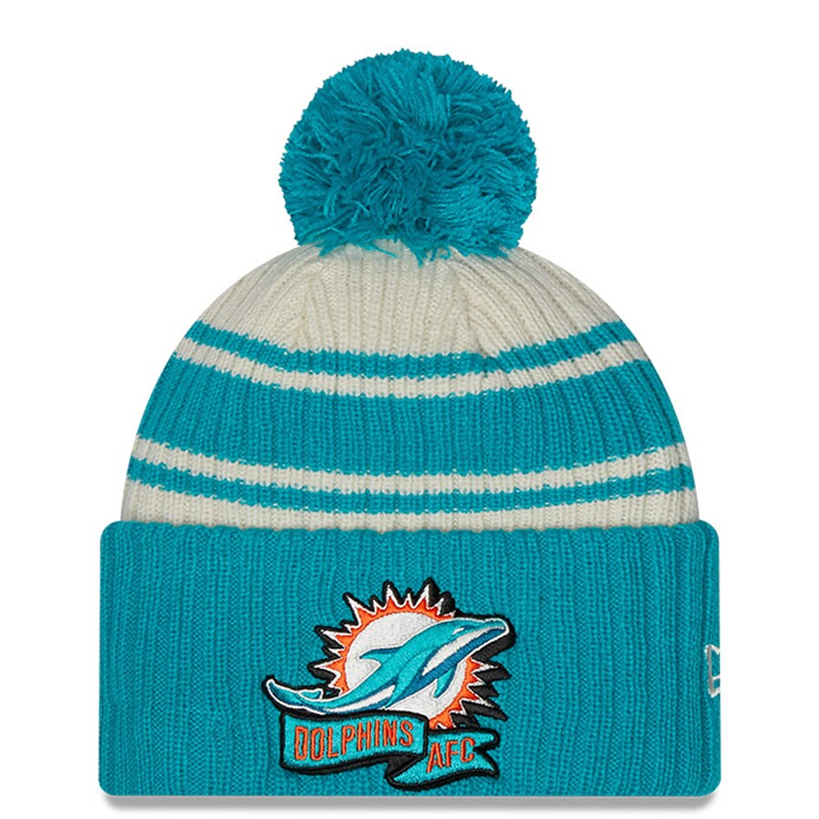 NFL ドルフィンズ ニットキャップ 2022 サイドライン Sideline Sport Cuffed Pom Knit Hat ニューエラ/New Era クリーム アクア