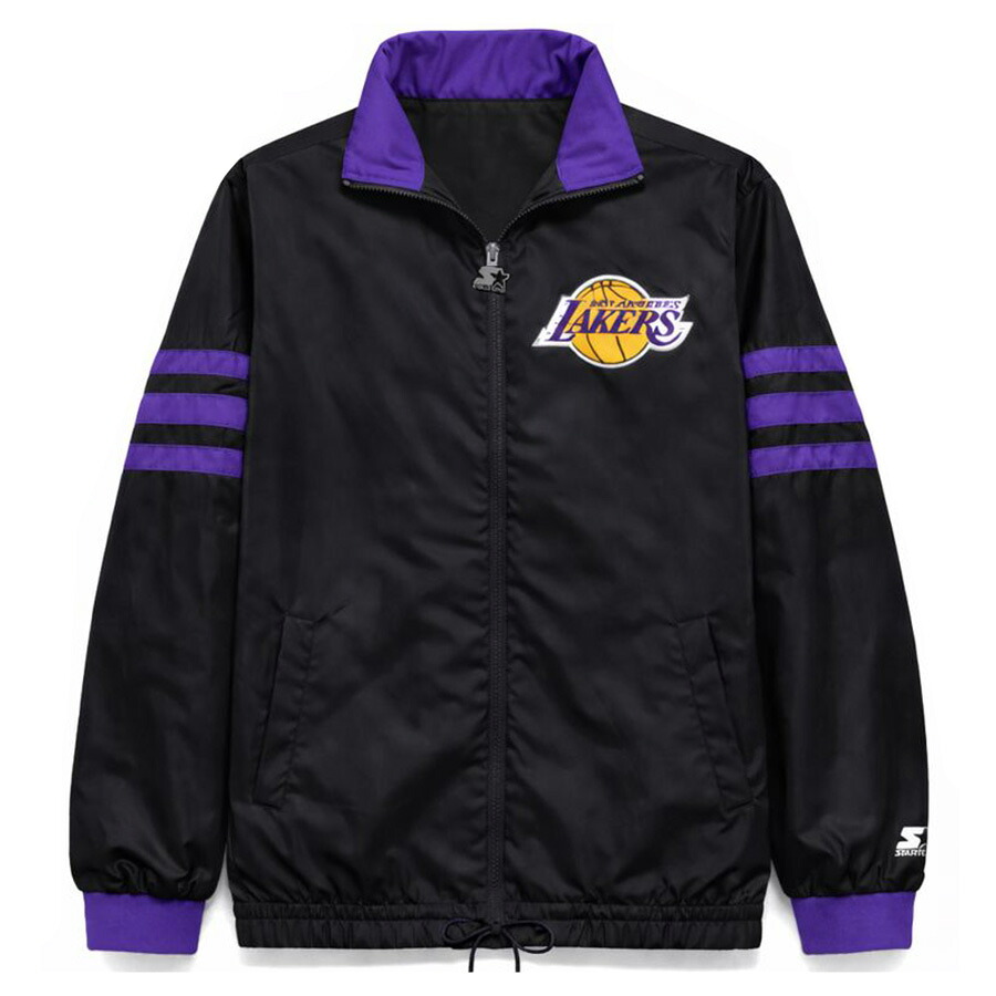 NBA レイカーズ ジャケット 【現地買付】ライトサテン フルジップ スタジャン STARTER ブラック パープル