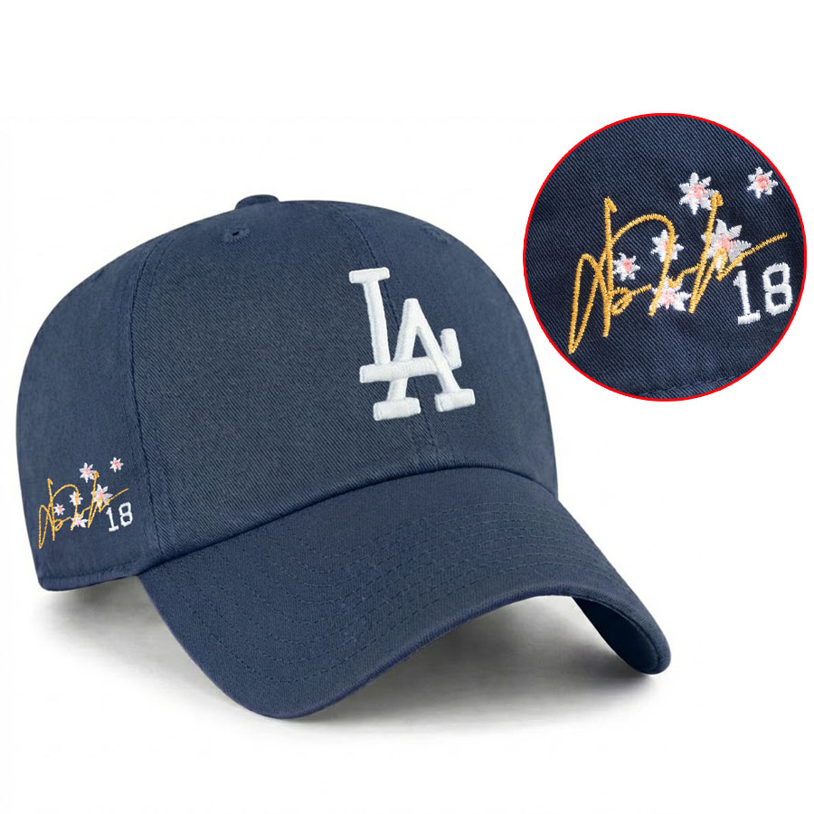MLB 山本由伸 ドジャース キャップ 【現地買付特注】デコピン デコイ 漢字 & 桜 Sakura Blossom Clean Up Cap サイン刺繍 47Brand ネイビー｜映画エンタメショップ SELECTION