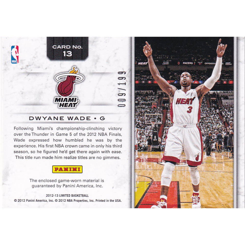 楽天市場 Nba ドウェイン ウェイド マイアミ ヒート トレーディングカード 12 13 Limited Performers Materials Card 009 199 Panini Mlb Nbaグッズショップ Selection