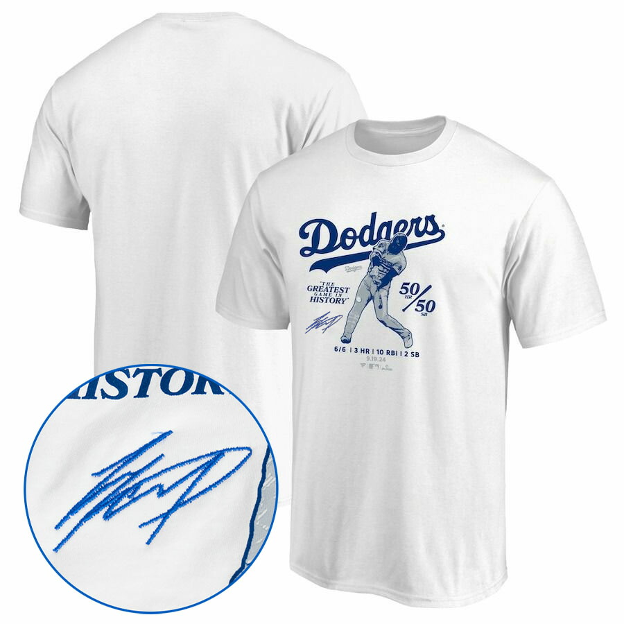 MLB 大谷翔平 ドジャース Tシャツ 【現地買付セレクション特注】50/50達成記念 The Gratest History Game サイン刺繍 Fanatics ホワイト