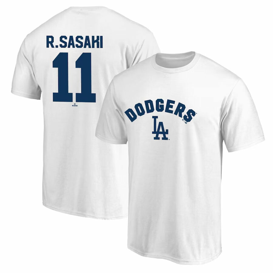 MLB 佐々木朗希 ドジャース Tシャツ 【国内版】ネーム＆ナンバー Tシャツ Fanatics JP ホワイト