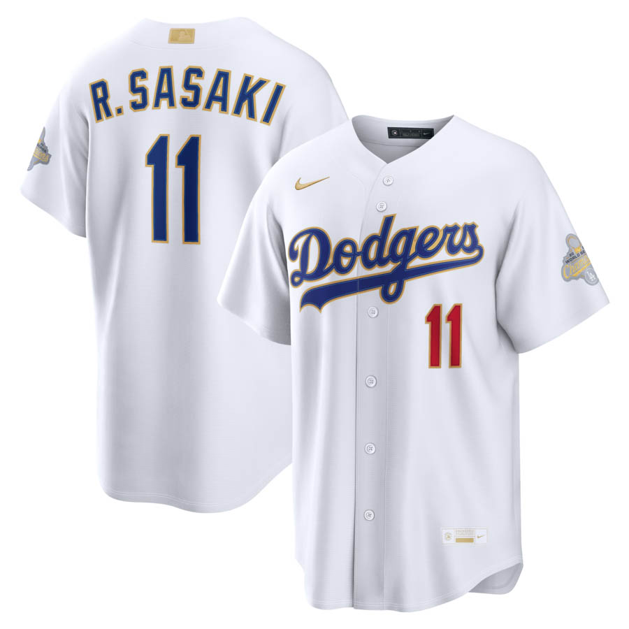MLB 佐々木朗希 ドジャース 制服 WS2025勝ちとる ゴールド寄せあわせ スタジアムジャージ Jersey ナイキ/Nike 白いこと