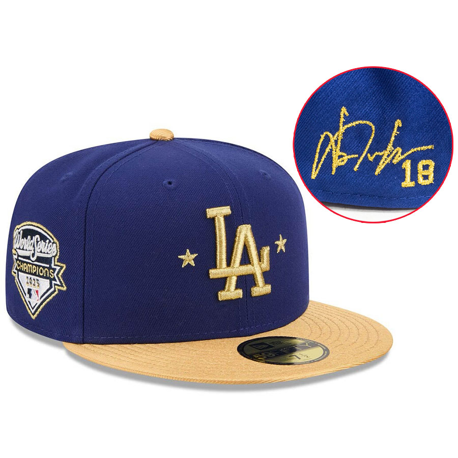 MLB 山本由伸 ドジャース 旗がしら 【外国でカスタム】WS2025贏ち得る ゴールド寄せあわせ 59FIFTY 表われ刺しゅう ニュー内鰓/New Era ロイヤル ゴールド