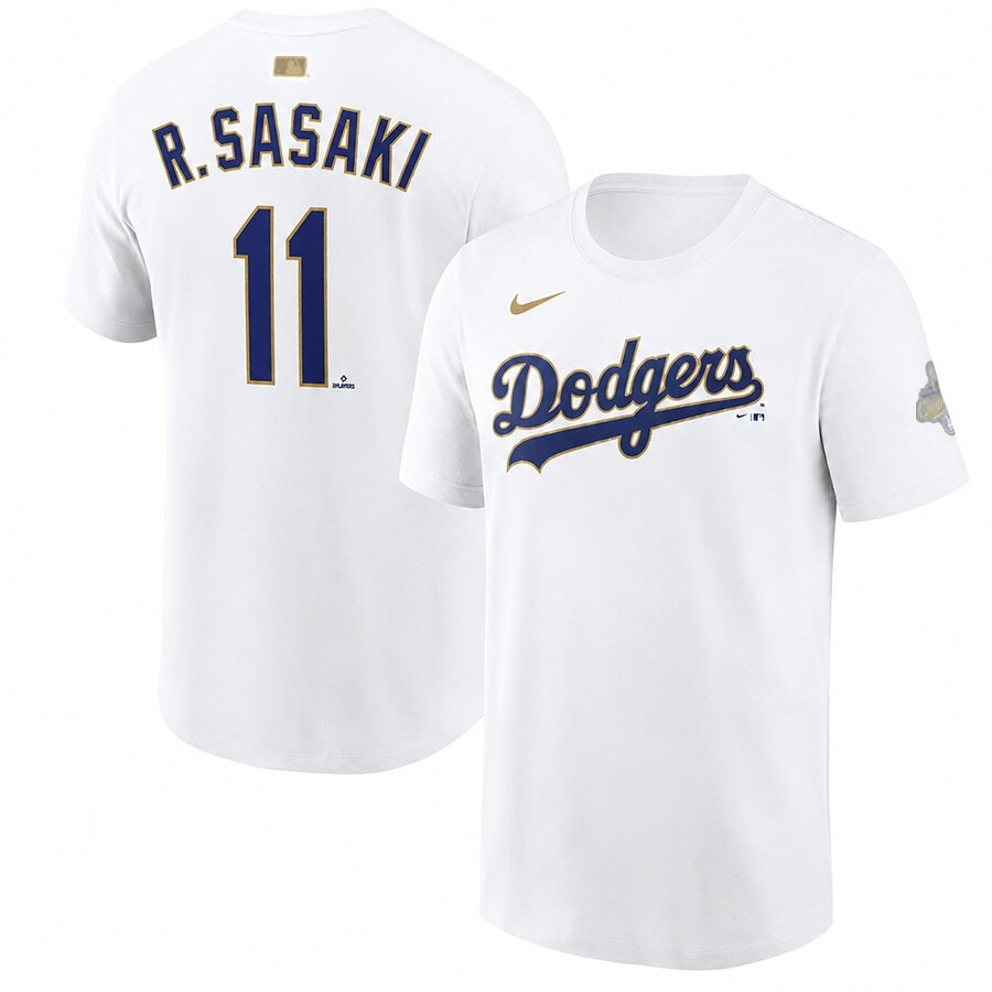 MLB 佐々木朗希 ドジャース Tシャツ 【海外モデル】WS2025優勝 ゴールドコレクション ネーム&ナンバー ナイキ/Nike ホワイト|MLB.NBAグッズショップ SELECTION