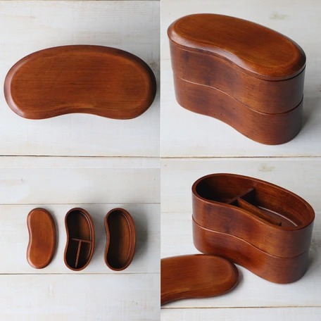 【お子様・女性向き】WOODEN/スリム弁当箱　豆型二段 茶　（FHZ02-SSU）【送料無料】 （お弁当箱,ランチボックス,ランチBOX、ピクニック）